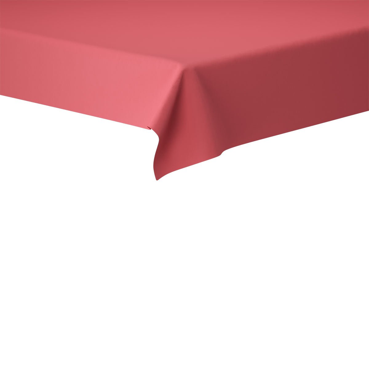 Närbild av ett rektangulärt bord med en enfärgad rosa Evolin-bordsduk 127 x 127 cm från Duni GmbH, som visar ett hörn där det hållbara tyget drar sig mjukt över kanten mot en vit bakgrund.
