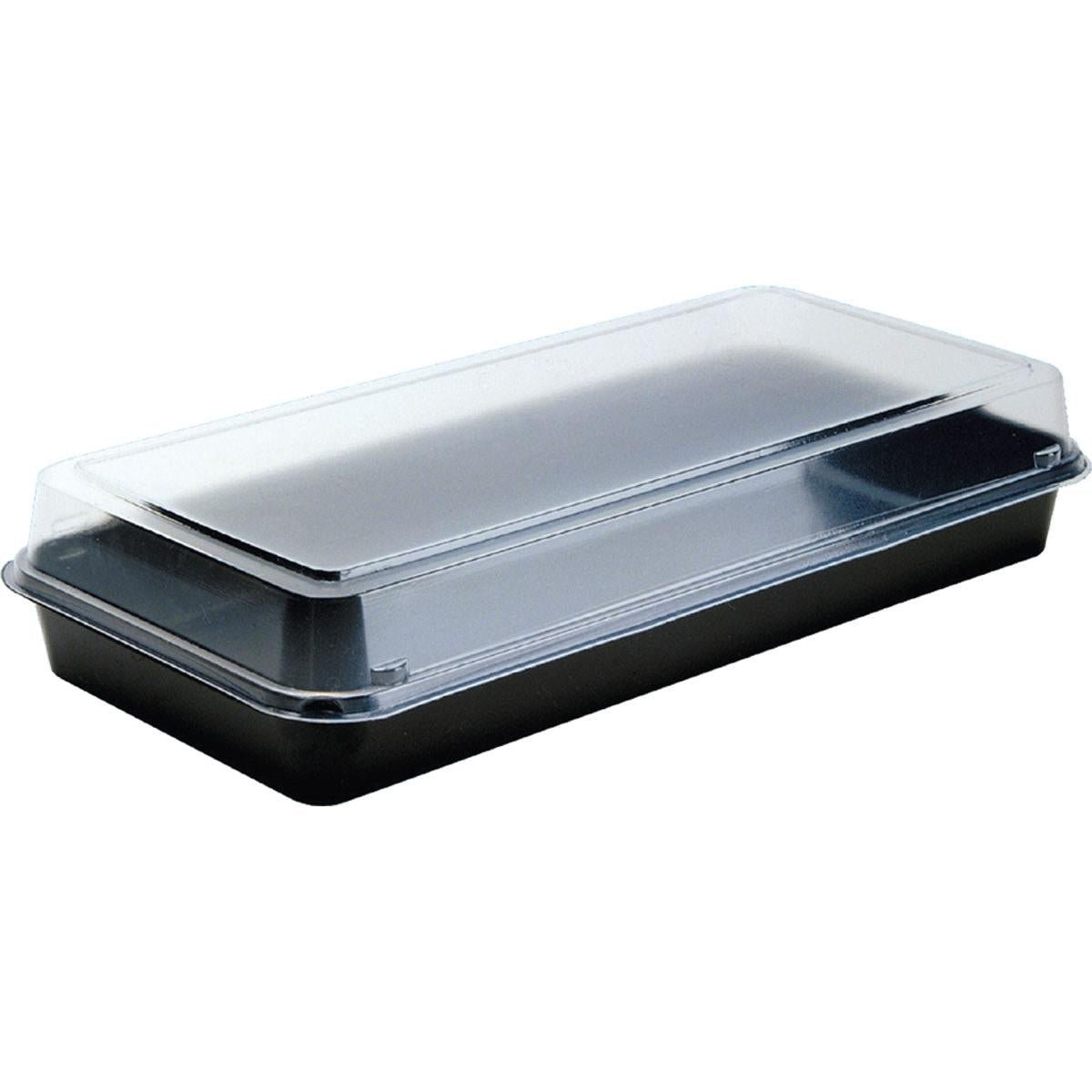 En Duni GmbH Lunchbox Svart / Transparent PS 270x135x54 (Förpackning med 160 stycken), av svart plast med klart lock, är tom på vit bakgrund. PS-locket sitter säkert på behållaren.