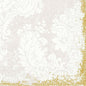 Vita blomm- och bladmönster på ljus beige, med en gyllene glittrig kant på två sidor. Cellulosa-servetterna 33x33 cm, 3-lager (50-pack) från Duni GmbH är designade i vintage-stil med spets och texten "Duni" i det nedre högra hörnet.