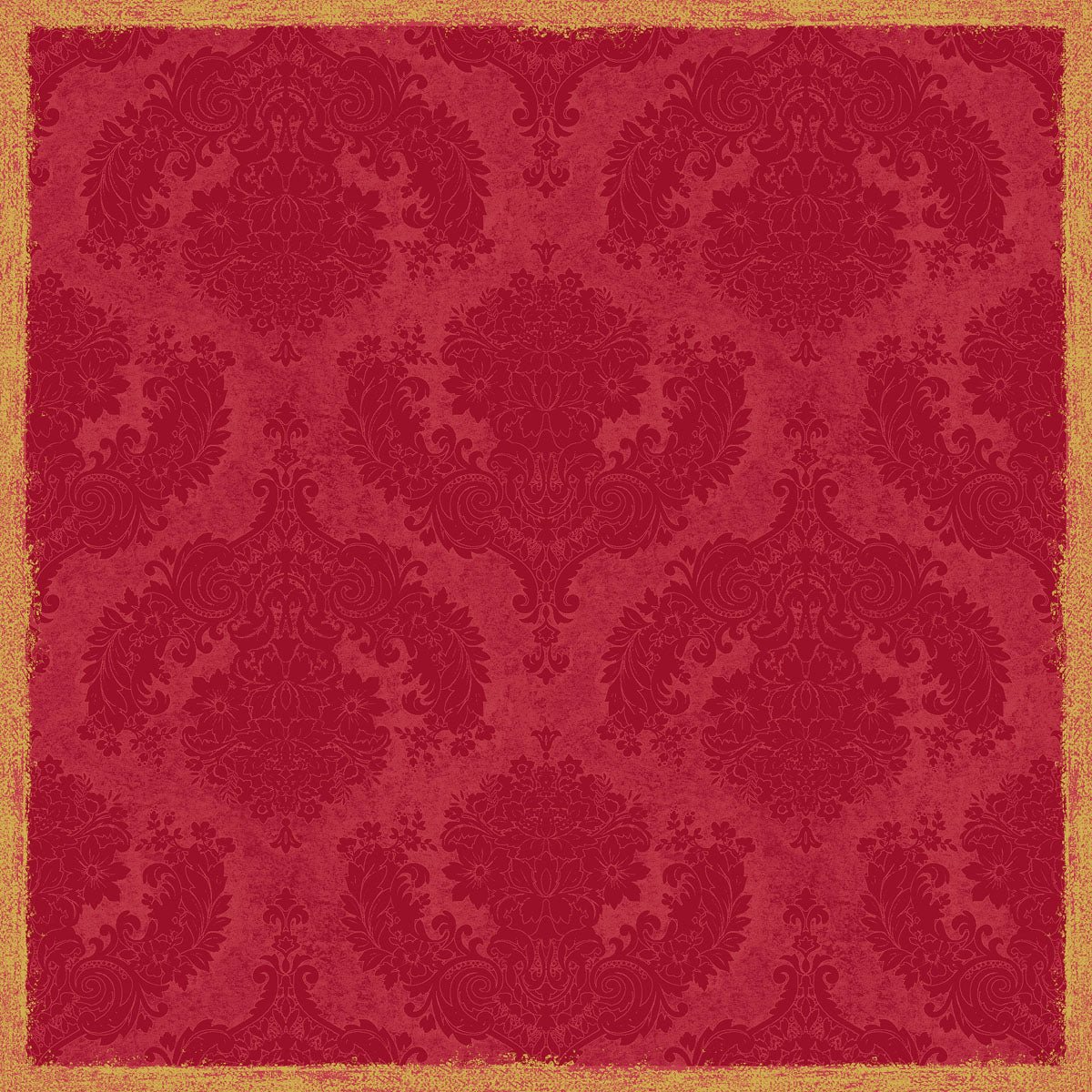 Dunicel-mittelduken 84x84 cm Royal Bordeaux från Duni GmbH visar ett blommigt mönster i vintage-bordeaux-damast med en guldkant i used-look - perfekt för en elegant bordsdekoration. Förpackning med 20 stycken.