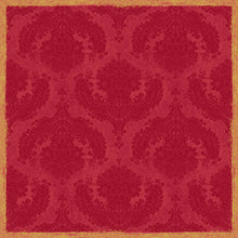 Die Dunisilk+ Tischdecke 84x84 cm in Royal Bordeaux von Duni GmbH zeigt ein rotes Vintage-Damast-Design mit strukturiertem Goldrand und verschnörkelten Blumenmotiven. Sie wird in Packungen mit 20 Stück geliefert und eignet sich perfekt für elegante Tischdekorationen.