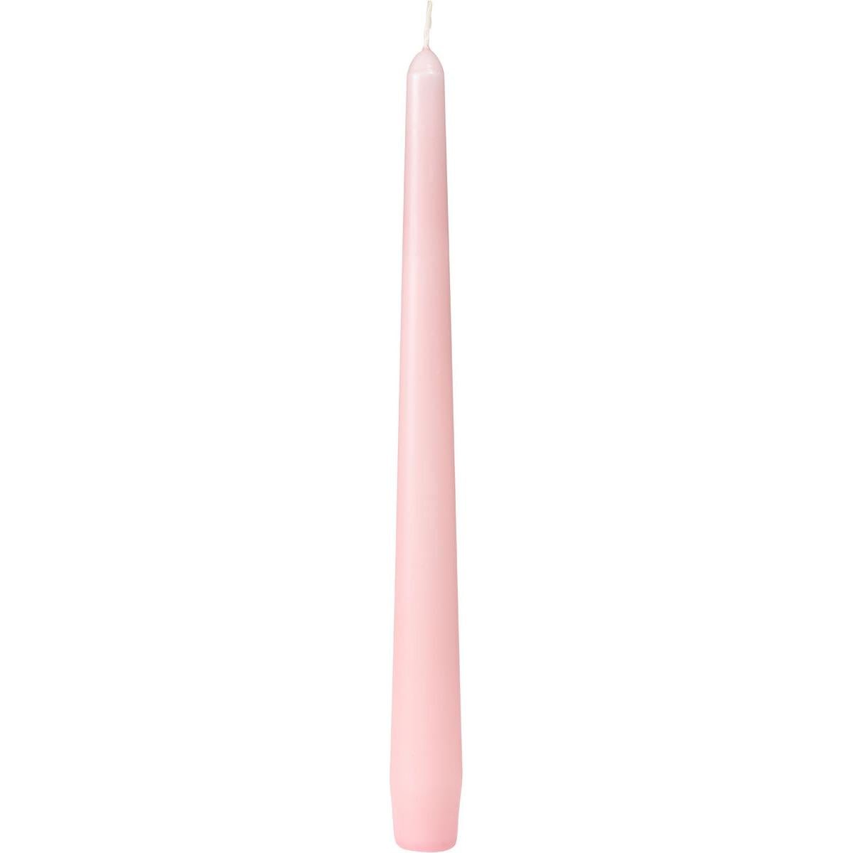 Ett högt, spetsigt avsmalnande rosa ljus från Duni GmbH (250 x 22 mm, ca. 7h) med vit veke står upprätt mot vit bakgrund.