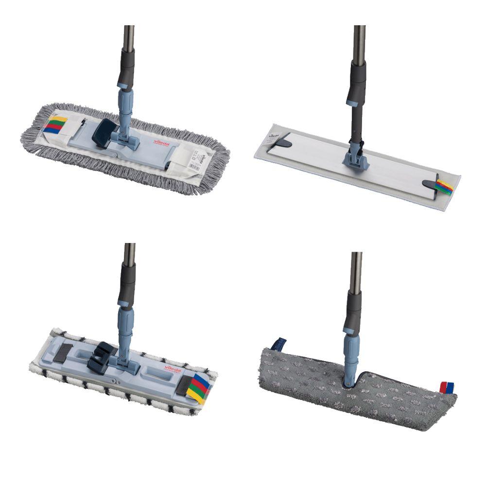 Vileda Professional SprayPro rostfritt stål moppstativ från Vileda GmbH inkluderar fyra plattmopptyper med unika rengöringspads och långa handtag. Två moppar i golvrengöringssystemet har franskant, andra är släta; alla har avtagbara mopp-huvuden för mångsidig rengöring.