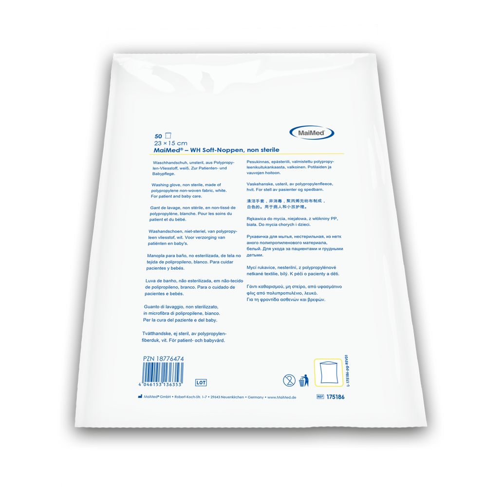 MaiMed tvätthandske mjuka nubbar, icke-steril vit, tillverkad av fleece, 50 st/polypåse | Förpackning (50 stycken)