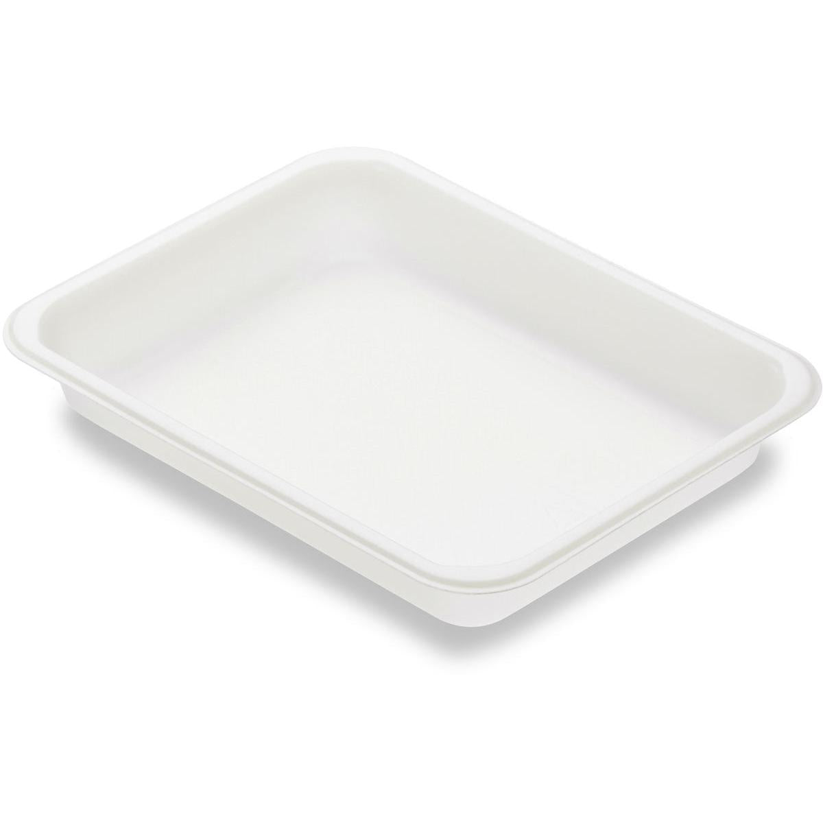 Den rektangulära, vita förseglingsskålen Caterline bioplast 227x178 från Duni GmbH med platt kant är idealisk som hållbar livsmedelsförpackning och har fotograferats mot en vit bakgrund.