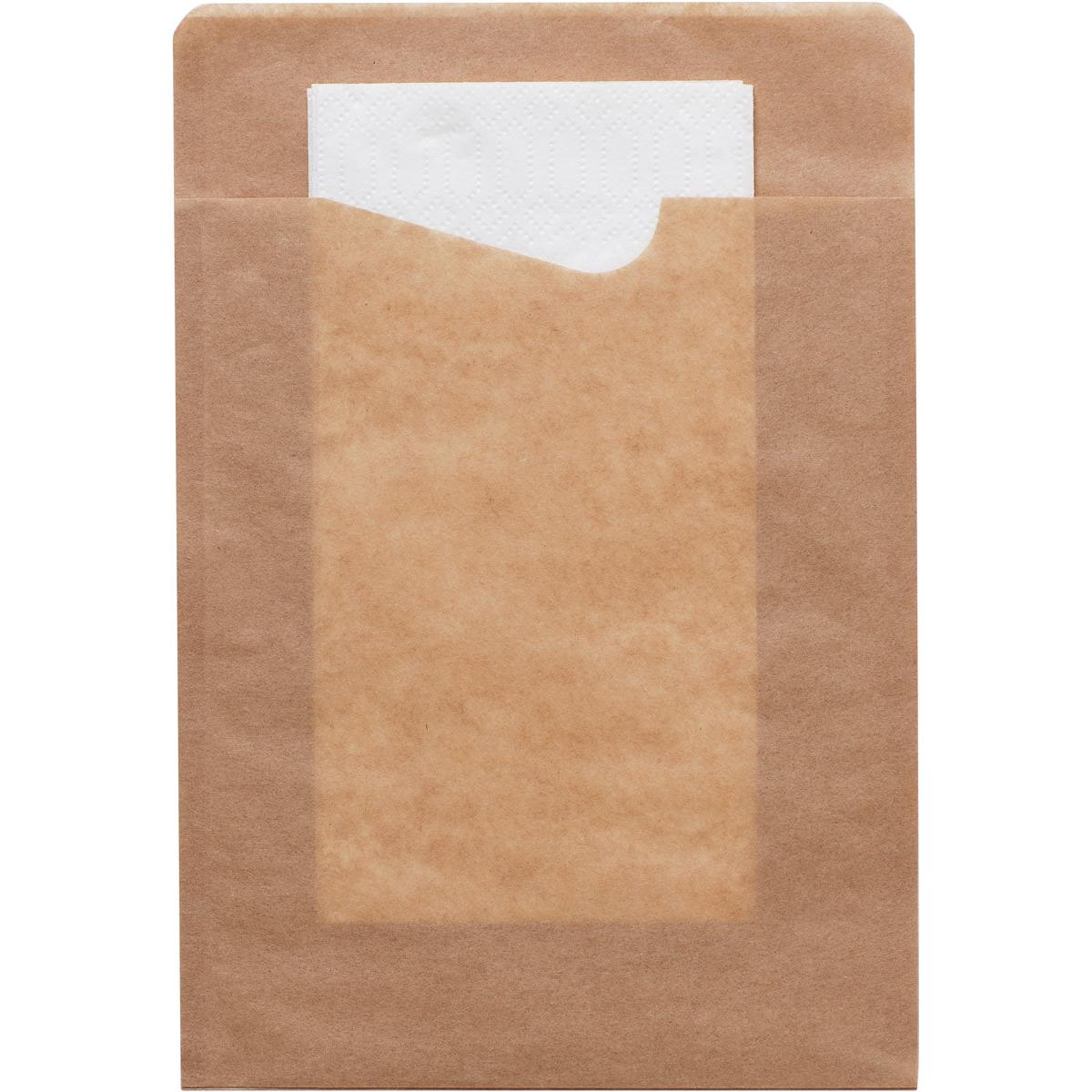 Der Duni GmbH Snack Sacchetto mit weißer 2-lagiger Serviette aus braunem Papier bietet durch die transparente Front einen Blick auf die Serviette - praktisch und umweltfreundlich.
