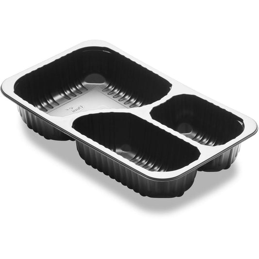 Die Duni GmbH Menüschale 3-comp 3 Schwarz PP/MIN (260x158x44,7 mm) mit drei Fächern eignet sich ideal zum Verpacken oder Servieren von Speisen. Die Menüschalen werden im Pack zu 384 Stück geliefert.