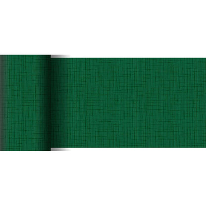 Ein teilweise ausgerollter Dunicel-Tischläufer 20 m x 15 cm der Duni GmbH in Grün zeigt seine feine Gitterstruktur vor weißem Hintergrund und eignet sich damit perfekt für eine elegante Tischdekoration.