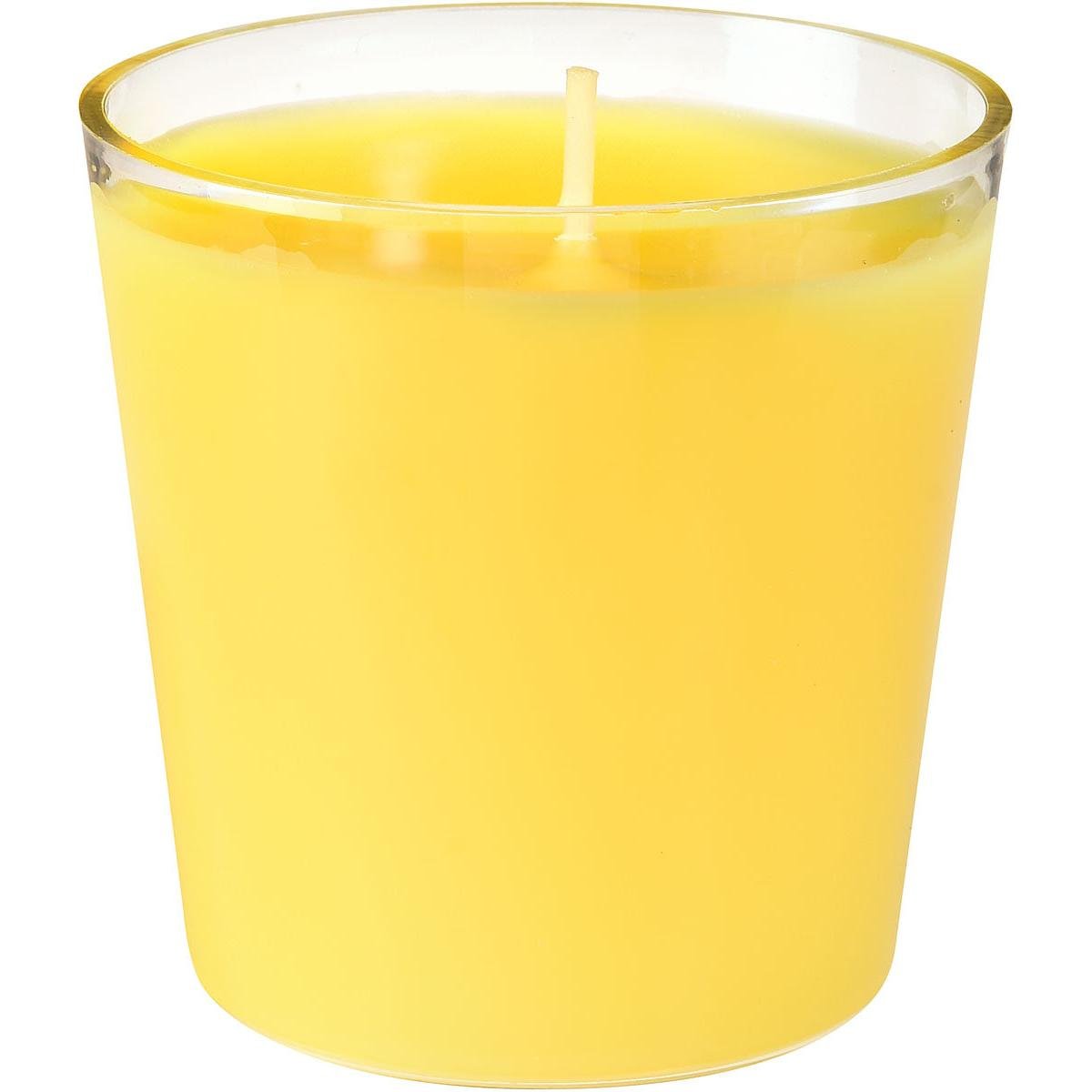Påfyllningsljuset Switch & Shine från Duni GmbH är ett gult ljus (65 x 65 mm, ca 30 timmar) i en klar glasbehållare med centrerad veke - idealiskt för långvarigt ljus och värme i varje miljö.