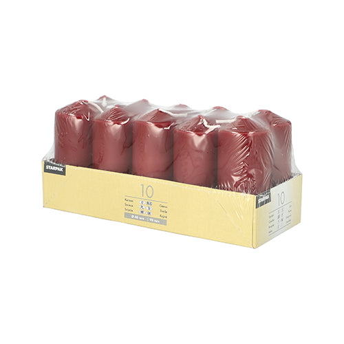 Das Set „Starpak 10 Stumpenkerzen Ø 40 mm · 90 mm“ ist von Starpak, in klarer Folie und rechteckigem Karton mit Etiketten verpackt – perfekt für Hochzeiten oder eine gemütliche Atmosphäre.