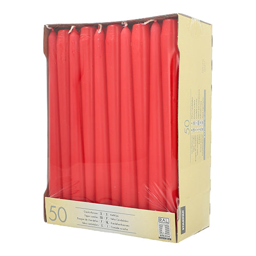 En kartong med 50 kronljus Ø 2,2 cm - 25 cm från Starpak visar röda spetsljus upprätt genom en genomskinlig framsida, med produktinformation på sidan. Varje ljus är 25 cm långt och tillverkas av Starpak.