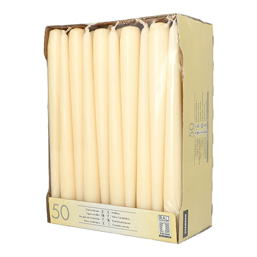 En beige stående låda från Starpak 50 ljusljus Ø 2,2 cm - 25 cm med lång brinntid, delvis förpackad i klar plast. Lådan är tryckt med produktinformation på sidan.