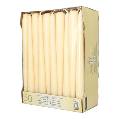 En beige stående låda från Starpak 50 ljusljus Ø 2,2 cm - 25 cm med lång brinntid, delvis förpackad i klar plast. Lådan är tryckt med produktinformation på sidan.