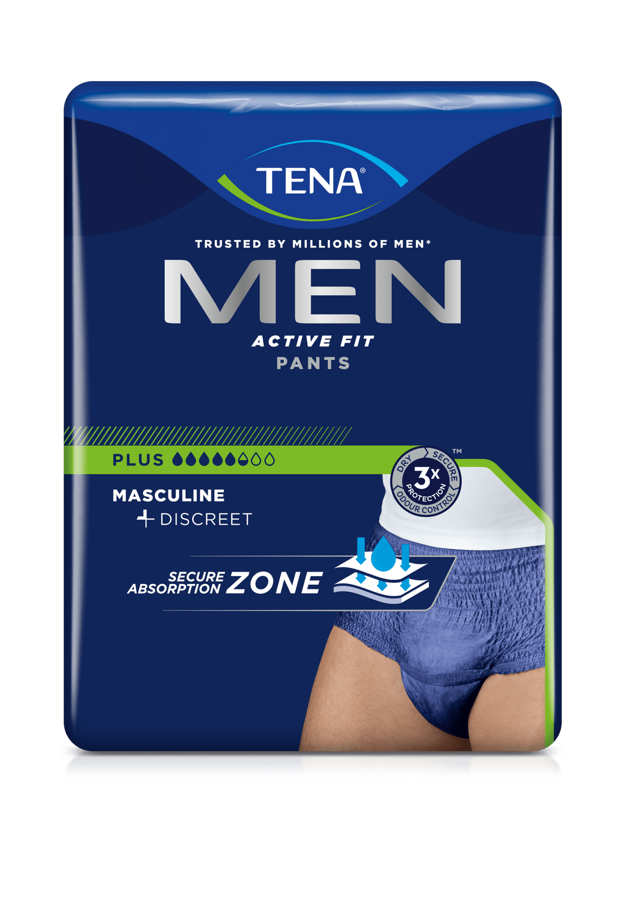 Tena män aktiva fit byxor plus inkontinensbyxor, blå