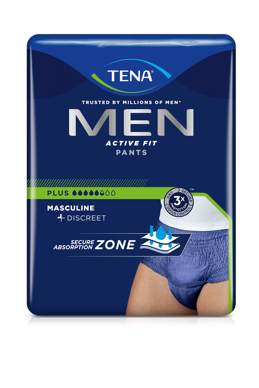 Tena män aktiva fit byxor plus inkontinensbyxor, blå