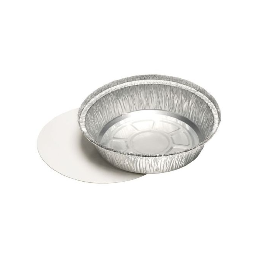 En Starpak 25 skålar, alu + insatslock, PP-belagd bakform med ett matchande platt kartonglock står nära på en enkel vit bakgrund.