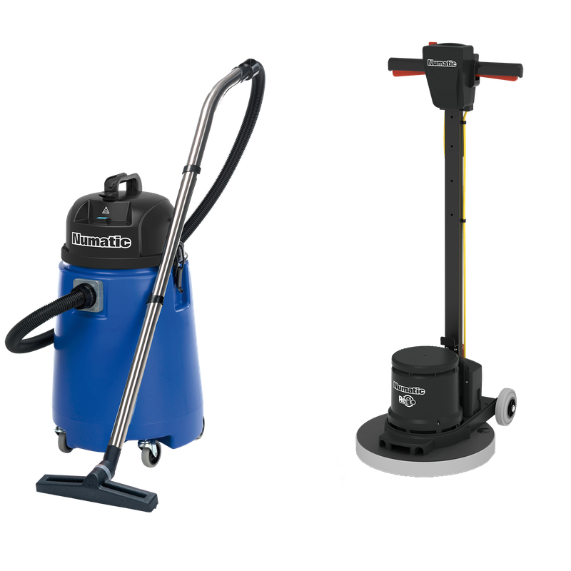 Numatic enskiva maskin HFM1515R / ESM set 5B med vattendammsugare WV800-2 och PadLoc Trei | Förpackning (1 st)