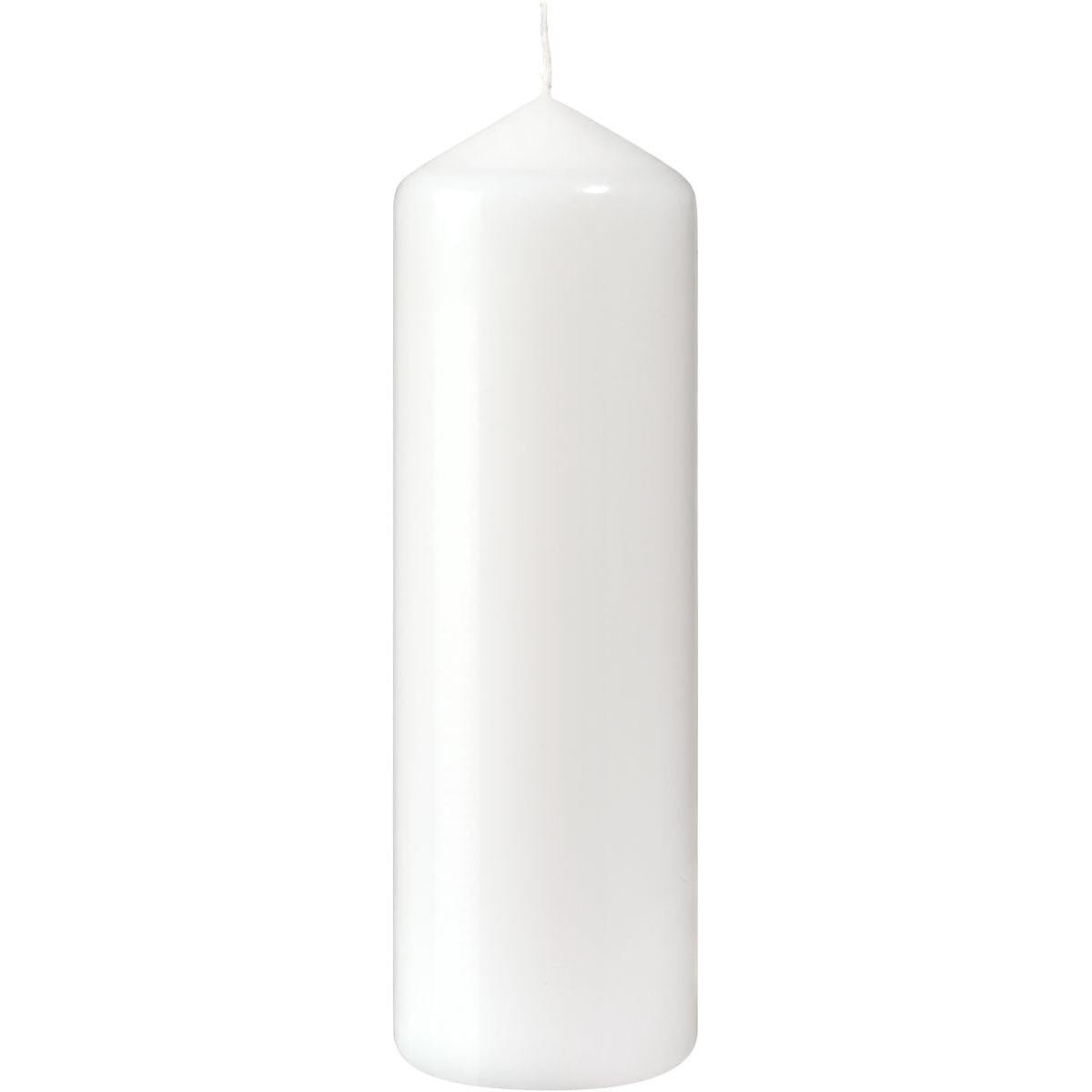 Ett vitt stumpenljus (220 x 70 mm, ca 90h brinntid) från Duni GmbH med spetsig topp och obelyst veke står upprätt mot vit bakgrund - idealiskt för alla som söker långvarigt ljus från ljus.