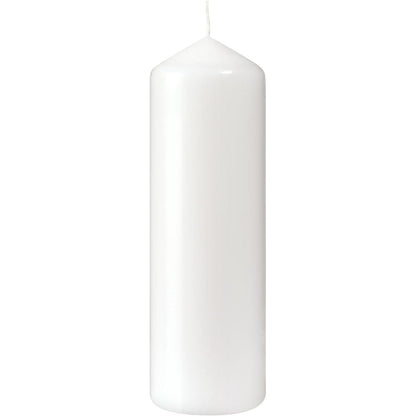 Ett vitt stumpenljus (220 x 70 mm, ca 90h brinntid) från Duni GmbH med spetsig topp och obelyst veke står upprätt mot vit bakgrund - idealiskt för alla som söker långvarigt ljus från ljus.