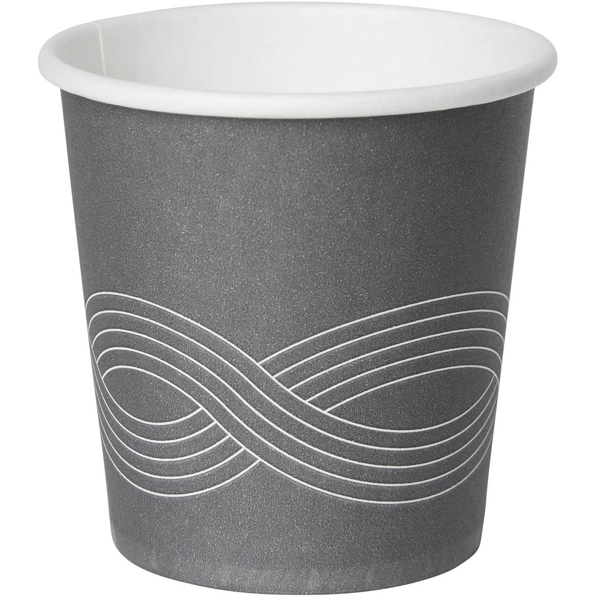 Den tryckta Circuit-pappersmuggen PAP/PE från Duni GmbH presenteras i grå design med vit insida och en oändlighetssymbol. Detta stilfulla pappersmugg är idealiskt för att servera kaffe vid varje evenemang.