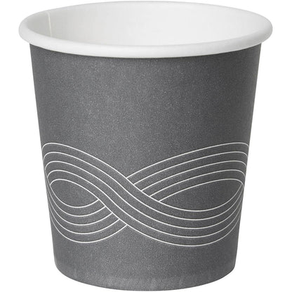 Den tryckta Circuit-pappersmuggen PAP/PE från Duni GmbH presenteras i grå design med vit insida och en oändlighetssymbol. Detta stilfulla pappersmugg är idealiskt för att servera kaffe vid varje evenemang.