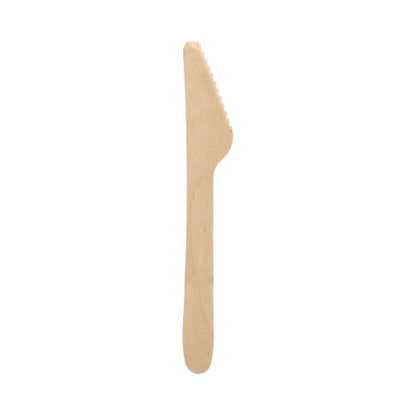 En PAPSTAR träkniv "pure" (16,5 cm), miljövänlig och stabil, med tandad kant från PAPSTAR GmbH - avbildad ensam mot en vit bakgrund.