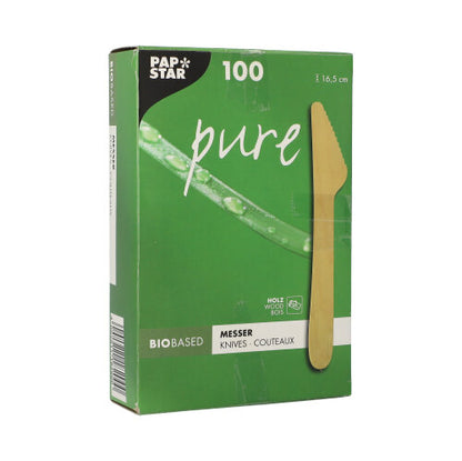 En grön låda från PAPSTAR GmbH med texten "Holzmesser pure" innehåller 100 miljövänliga, stabila engångsträknivar (16,5 cm), i en viklåda med knivavbildning och flerspråkig text.