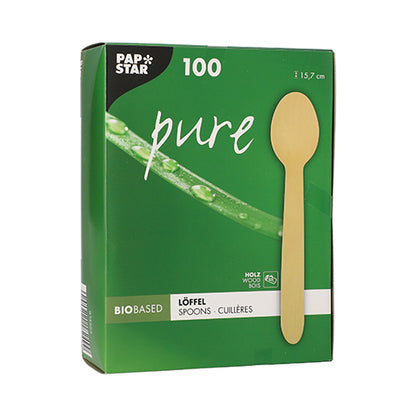 Eine grüne Box der PAPSTAR GmbH mit der Aufschrift "Holzlöffel pure" enthält 100 umweltfreundliche, stabile Holzlöffel (15,7 cm) in einer Faltschachtel und zeigt einen Löffel sowie ein Blatt mit Wassertropfen als Symbol für Nachhaltigkeit.
