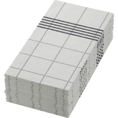 En hög med Dunisoft-servetter 48 x 48 cm 1/8 bokvikningshandduk från Duni GmbH i vitt, med en rutig och randig svart linje på en kant, ger varje dukat bord högkvalitativ elegans och stil.