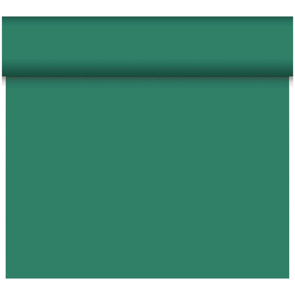 En delvis utrullad Dunicel-bordslöpare Tête-à-Tête (24 m x 0,4 m, 20 sektioner) från Duni GmbH i enfärgat tealgrönt sträcker sig nedåt och är därmed perfekt för bordsdekoration eller som en stilfull bordslöpare.