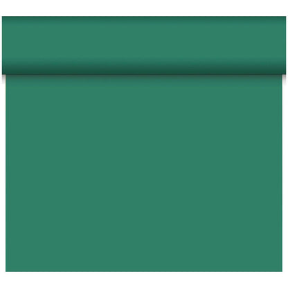 En delvis utrullad Dunicel-bordslöpare Tête-à-Tête (24 m x 0,4 m, 20 sektioner) från Duni GmbH i enfärgat tealgrönt sträcker sig nedåt och är därmed perfekt för bordsdekoration eller som en stilfull bordslöpare.