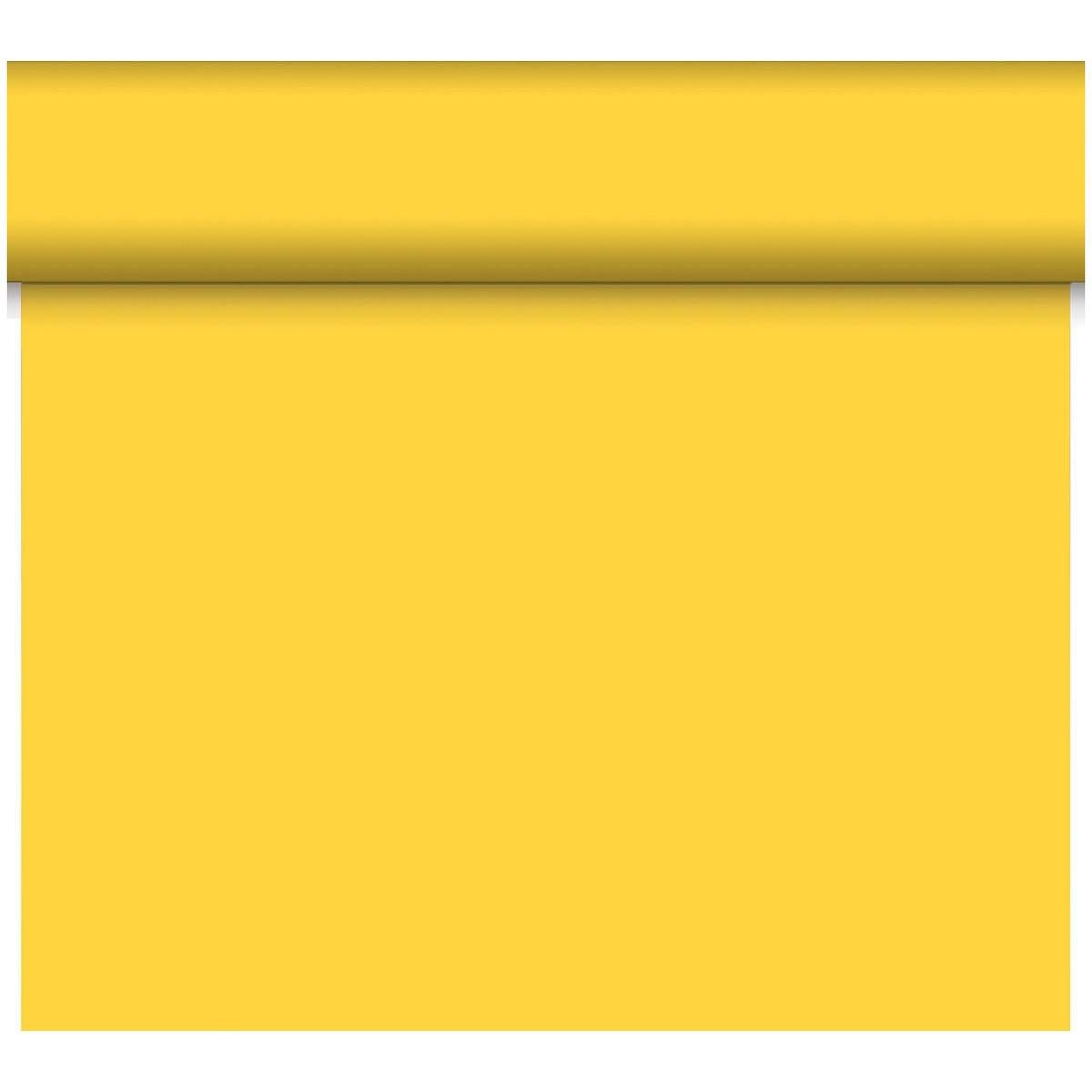 En delvis utrullad Dunicel-bordslöpare Tête-à-Tête 24 m x 0,4 m (20 sektioner) från Duni GmbH kastar en mjuk skugga på sin släta, jämnt färgade yta - perfekt för en stilfull bordsdekoration vid din nästa tête-à-tête.