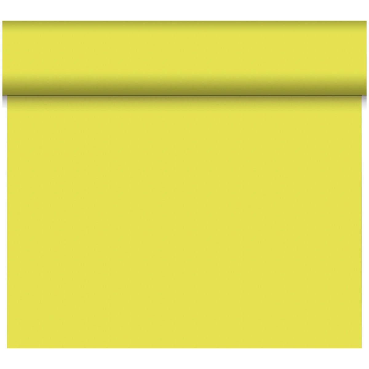Dunicel-bordslöparen Tête-à-Tête 24 m x 0,4 m (20 sektioner) från Duni GmbH har en enfärgad ljusgul, slät och omönstrad yta - idealisk för en stilfull bordsdekoration eller en tête-à-tête.