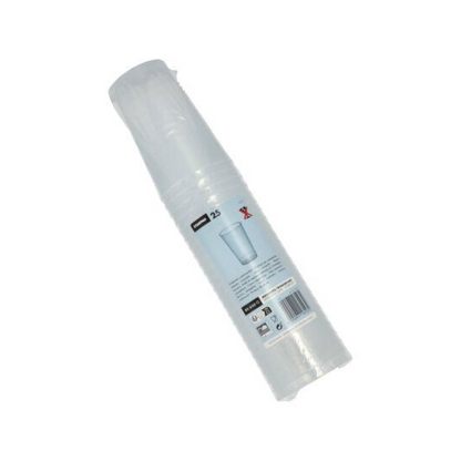 Ett paket med transparenta, okrossbara engångsbägare inslagna i plast med texten "Starpak flergångs plastbägare (PP) 0,3 l Ø 7,8 cm · 11,8 cm" innehåller 25 stycken. Etiketten är försedd med återvinningssymboler och en streckkod, och bägare är staplade vertikalt i förpackningen.