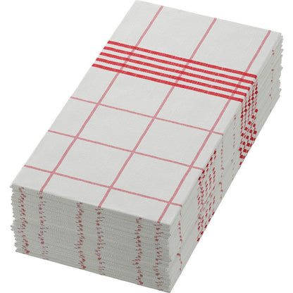 Fint vikta Dunisoft-servetter 48 x 48 cm 1/8 bokvikningshanddukar från Duni GmbH med rött rutmönster och röda tvärgående ränder - perfekt för att ge varje dukat bord en högkvalitativ touch.