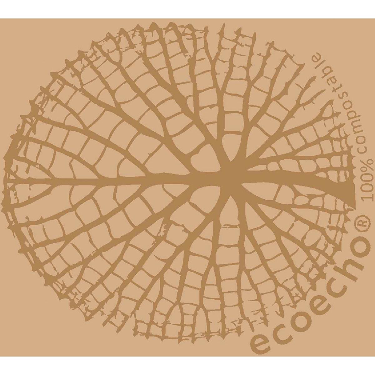 Ett stiliserat, cirkulärt bladnervmönster pryder de ljusbruna Duni GmbH Zellpappersservetterna 33 x 33 cm 3-lagers. "Ecoecho® 100% komposterbar" i brun skrift framhäver dessa biologiskt nedbrytbara bio-servetter (50 stycken).