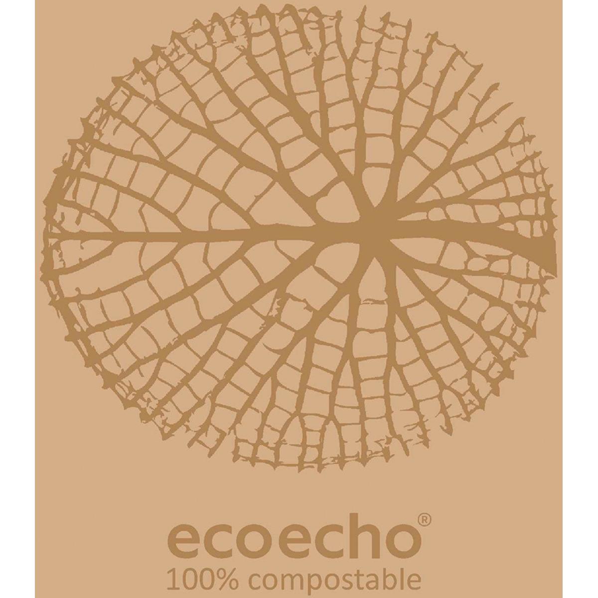 Ett stiliserat, cirkulärt blad-skelett visas över texten "ecoecho 100% komposterbar" på beige och understryker de biologiskt nedbrytbara och miljövänliga egenskaperna hos Duni GmbH cellulosaservetter 40x40 cm 2-lager 1/8 bokvikning Organic (300 stycken).