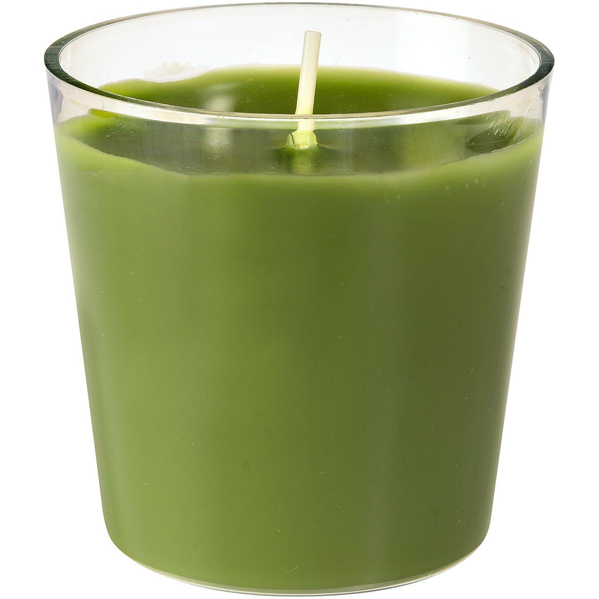 Påfyllningsljuset Switch & Shine från Duni GmbH är ett grönt påfyllningsljus (~30 timmars brinntid, 65x65 mm) i ett klart glas med en enda, centralt placerad vit veke.