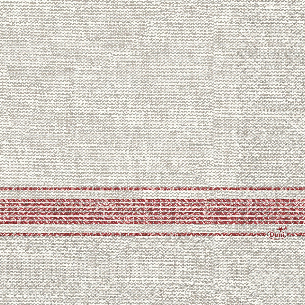Dessa 33 x 33 cm stora, 3-lagers pappersservetter från Duni GmbH i Cocina bordeaux har ett beige strukturt tyg med röda tvärgående ränder och texten "Duni" i röd skrift vid kanten; förpackningen innehåller 250 stycken.