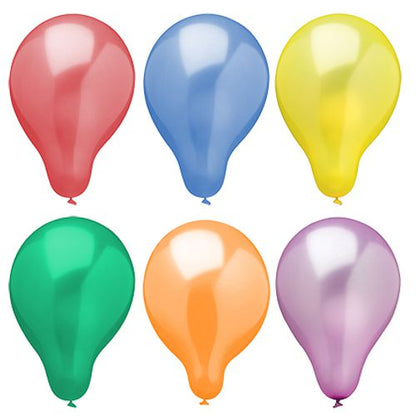 Sechs PAPSTAR Luftballons Ø 25 cm, farbig sortiert im Metallic-Design (6 Stück), liegen in zwei Reihen zu je drei auf weißem Hintergrund.