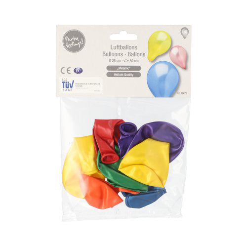 Eine durchsichtige Kunststoffverpackung der PAPSTAR GmbH enthält 6 sortierte Luftballons im Metallic-Design (Ø 25 cm) in den Farben gelb, rot, grün, blau und lila. Auf dem Etikett steht "PAPSTAR Luftballons", "Ballons" und die Produktbezeichnung.