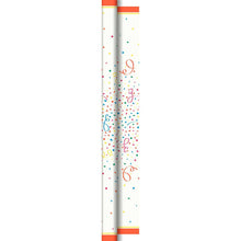 Vertikal avbildning av Dunicel-bordduksrullar 1,18m x 40 m "Confetti" från Duni GmbH med färgglatt konfetti och serpentiner på vit bakgrund, orange kanter upptill och nedtill, samt färgglada prickar, stjärnor och krusiduller för en festlig look.