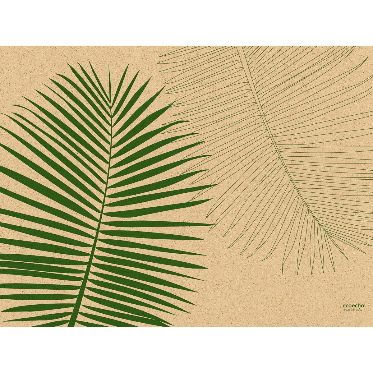 Två palmblad på beige bakgrund pryder papperstabletten (30x40 cm) från Duni GmbH - idealisk för fester. Förpackningen innehåller 250 stycken; "ecoecho" står nere till höger.