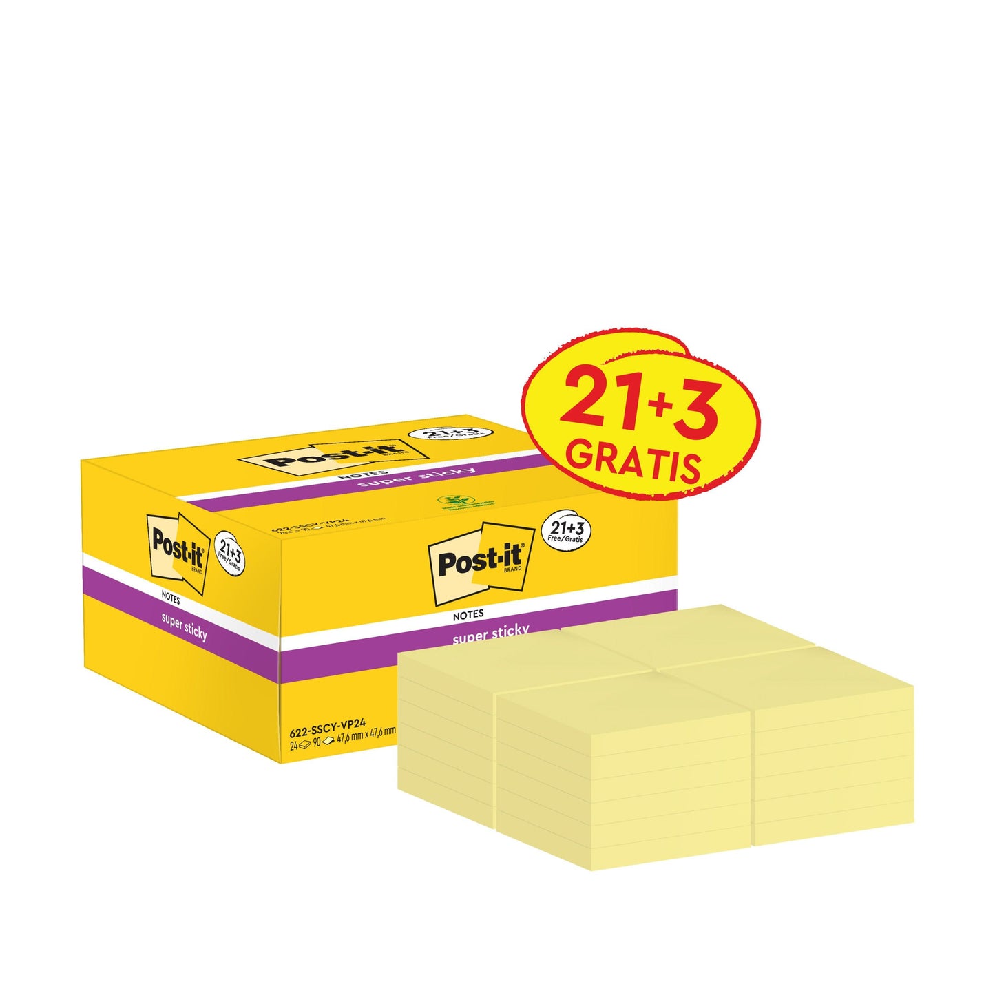 En gul låda med 3M Post-it® Super Sticky Notes, Gul (47,6 x 47,6 mm), PEFC-certifierad, med "21+3 Gratis" etikett från 3M Deutschland GmbH; framför finns flera staplar av gula notislappar uppradade.