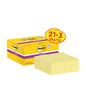 En gul låda med 3M Post-it® Super Sticky Notes, Gul (47,6 x 47,6 mm), PEFC-certifierad, med "21+3 Gratis" etikett från 3M Deutschland GmbH; framför finns flera staplar av gula notislappar uppradade.
