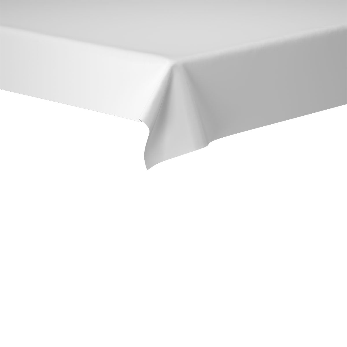 Närbilden av en Duni GmbH Dunisilk-bordsduk 118 x 120 cm visar det släta vita tyget som faller rent över kanten - idealiskt för högkvalitativ bordsdekoration. Bakgrunden är enfärgad vit.