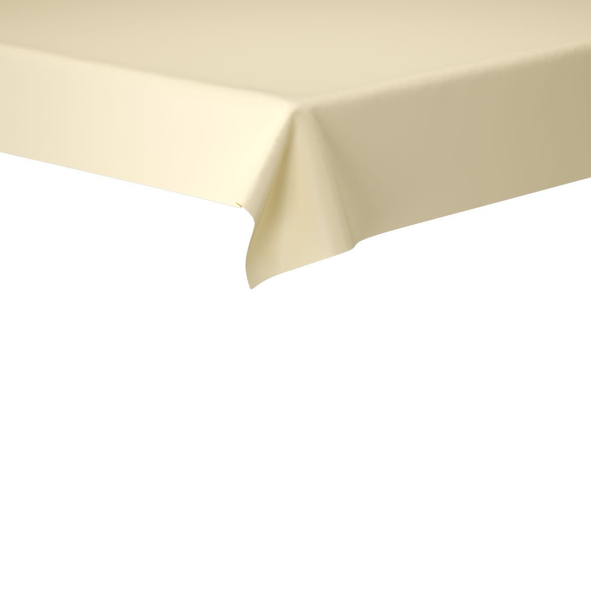 En närbild av hörnet på ett rektangulärt bord med en Dunisilk-bordsduk 118 x 120 cm från Duni GmbH i ljus creme eller beige, som fungerar som högkvalitativ bordsdekoration, mot en vit bakgrund.