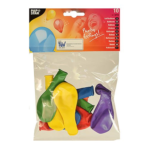 PAPSTAR GmbH ballonger "Rainbow" (Ø 19 cm, blandade färger) levereras i en klar 10-pack. Med festliga ballongmotiv och texten "Party feelings!" är dessa oinblåsta ballonger perfekta för varje födelsedag eller fest.