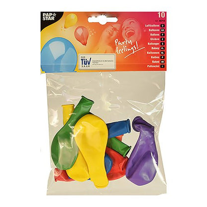PAPSTAR GmbH ballonger "Rainbow" (Ø 19 cm, blandade färger) levereras i en klar 10-pack. Med festliga ballongmotiv och texten "Party feelings!" är dessa oinblåsta ballonger perfekta för varje födelsedag eller fest.