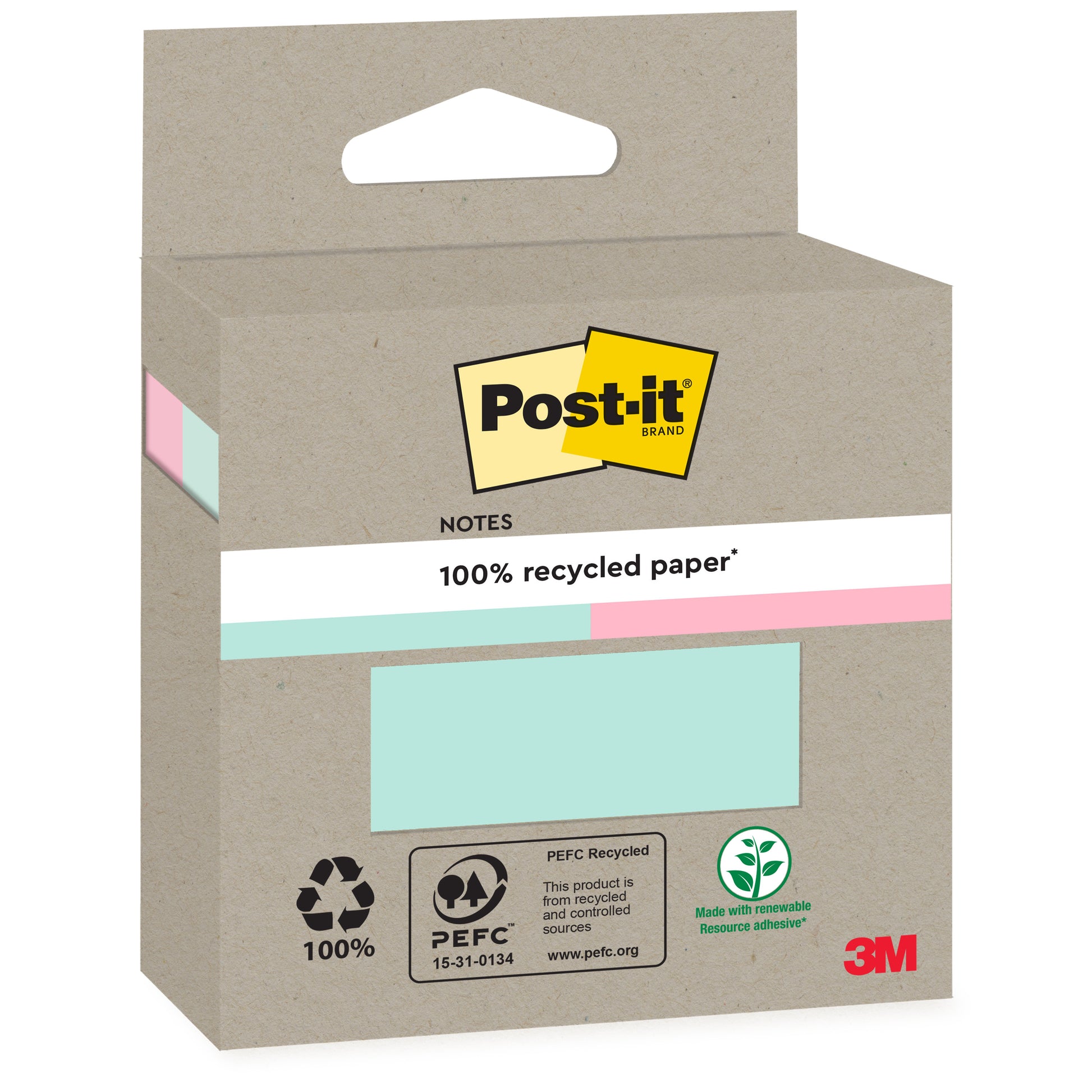 Eine Schachtel Post-it® Recycling Notes (76 x 76 mm, 100 Blatt, 100 % PEFC) der 3M Deutschland GmbH hat eine beigefarbene Außenseite mit Recycling-Symbolen und dem Post-it-Branding.